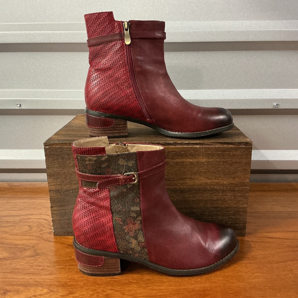 L’artiste Women Kanessa Red Leather Floral Weave Ankle Boot Size 41EU 9.5US